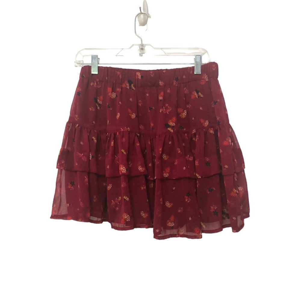 Free People Mini Skirt Size M Tiered Flair Lined Burgandy Floral Stretch Waist - Picture 2 of 7